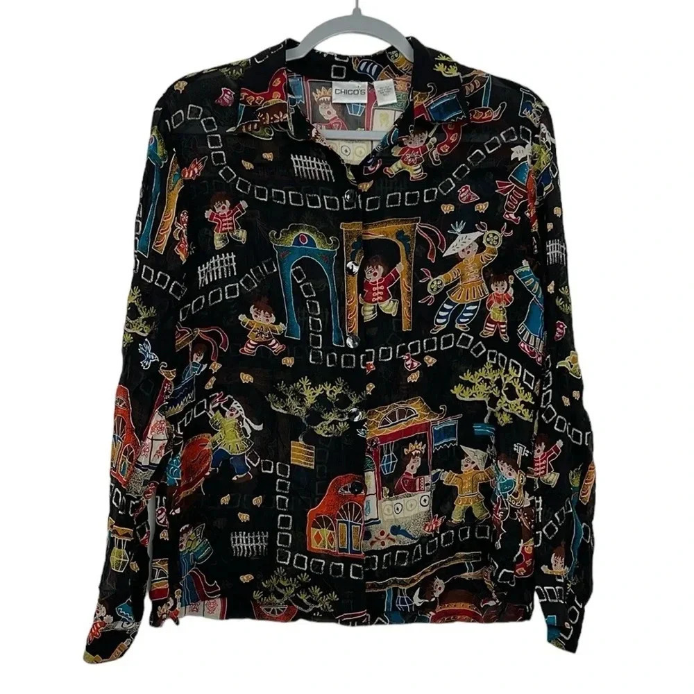 Chico’s Size 1 Semi-sheer Button Up Long Sleeve Multicolor Novelty‎ Print Blouse